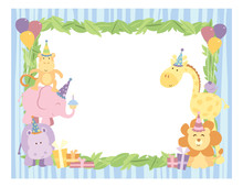 A Vector Illustration Of An Empty Frame Background With Cute Safari Animals With Birthday Party Hats, Balloons And Gifts