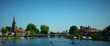 Panoramic Shot Of River By Church Against Clear Blue Sky