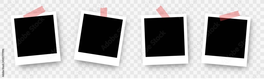Photo Frame Collection. Polaroid photo frame set.Photo frames with realistic drop shadow vector effect isolated design.Photo frames fixed with adhesive tape on a transparent. Vector design background - obrazy, fototapety, plakaty 
