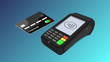 The concept of a bank pos terminal for paying for services using a card, phone, including contactless payment. Acquiring. Vector isometric 3d illustration, on a blue background.