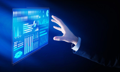 Poster - Hand of businessman working with interactive screen