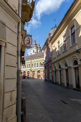 Wall Mural - Empty street in Eger, Hungary on a spring evening.