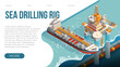 Offshore oil rig. Sea drilling rig platform for gas and petroleum fuel production. Landing page template for offshore oil and gas industry with platform tanker. Vector isometric offshore rig