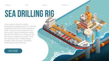 Offshore oil rig. Sea drilling rig platform for gas and petroleum fuel production. Landing page template for offshore oil and gas industry with platform tanker. Vector isometric offshore rig