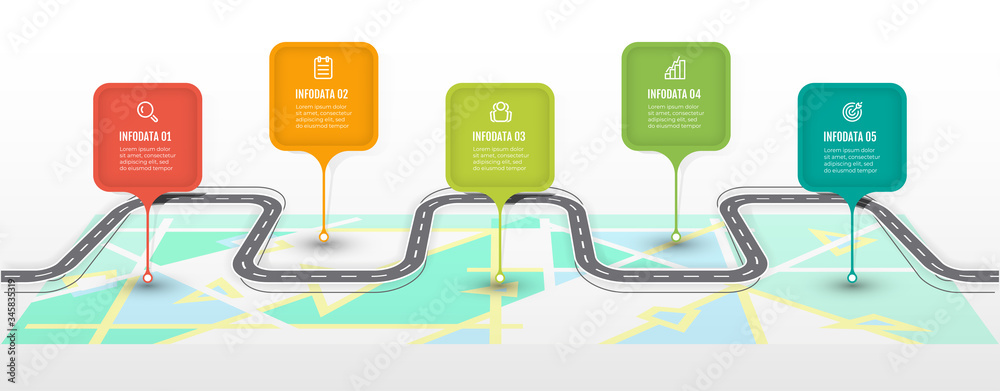 Road map infographic template. Business concept with icon and 5 options, steps or processes. Vector illustration. - obrazy, fototapety, plakaty 