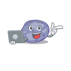 Sticker - Cartoon character of blue planctomycetes clever student studying with a laptop