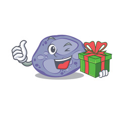 Poster - Smiling blue planctomycetes cartoon character having a green gift box