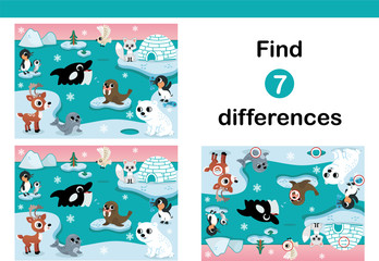 Wall Mural - Vector Illustration of Arctic animals.Find 7 differences education game for kids. 