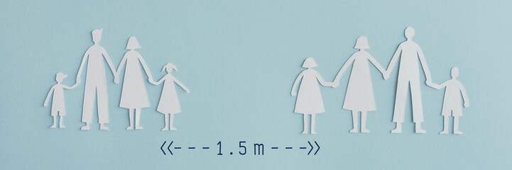 Two families paper cut out keep 1.5 meters distance, keep your distance, practicing social distancing post covid-19, coronavirus pandemic, new normal concept