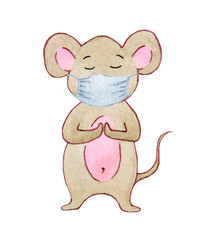   Quarantined masked mouse. Mouse for experiments on a white background. Children's cartoon watercolor illustration.