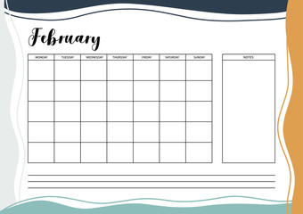 Wall Mural - Monthly  planner for diary, organiser, notebook. Printable A4 planner. Vector Illustration.