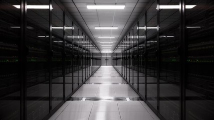 Digital information flows through network and data servers behind mesh panels in a server room of a data center or ISP. Network and data servers behind glass panels in a server room of a data center 
