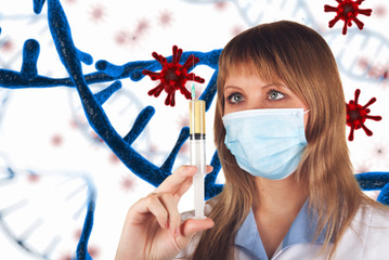 Female doctor with medical mask on COVID-19 3d generated background. Concept of corona virus.