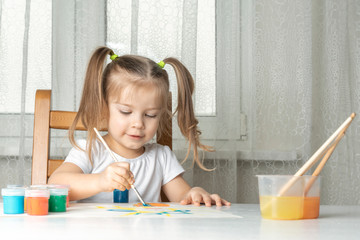 what to do for a child during the period of quarantine and self-isolation, a girl plays and paints with gouache