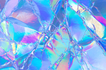Aufkleber - Blurred abstract Modern pastel colored holographic background in 80s style. Crumpled iridescent foil real texture. Synthwave. Vaporwave style. Retrowave, retro futurism, webpunk