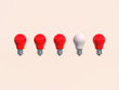 Ilustración en 3d cuatro bombillas de color roja y una blanca 