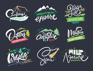 Adventure phrases set. Hand drawn lettering. Colorful vector illustration. Modern calligraphy. Isolated on black background.