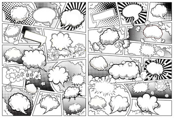 Comic book black and white page template divided by lines with speech bubbles. Illustration.