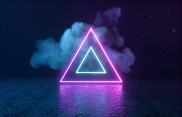 Poster - Futuristic Sci-Fi Modern empty stage. Reflective concrete room with glowing neon and cloud. 3d render.