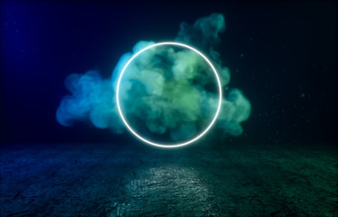 Poster - Futuristic Sci-Fi Modern empty stage. Reflective concrete room with glowing neon and cloud. 3d render.