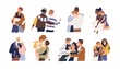 Set of different cartoon people hugging feeling love and positive emotion vector graphic illustration. Collection of friends, couple, teens and married embracing isolated on white background
