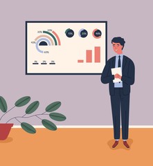 Aufkleber - Business male character in suit talking near board with chart and diagram during presentation vector flat illustration. Man lecturer giving lecture. Guy presenting and explaining marketing data