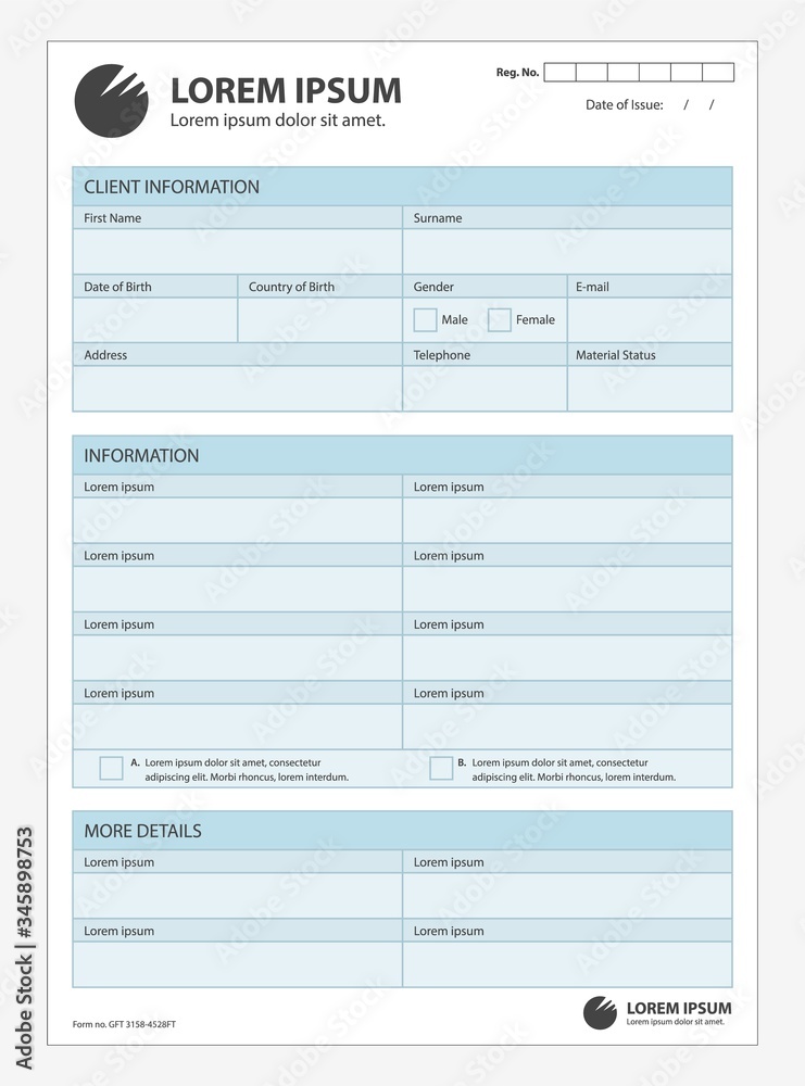 A clean form for customer information. Template document vector on real estate, finance credit mortgage. Collection client statistical studies. - obrazy, fototapety, plakaty 