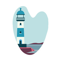 Sticker - sea scape flat scene with lighthouse