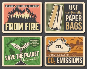 Canvas Print - Keep forest from fire and use eco-friendy paper bags. Environment, nature conservation and recycling. Save the planet, protect Earth and stop CO2 emission from cars and air pollution, vector