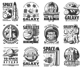 Poster - Galaxy exploration and outer space adventure vector icons. Astronaut academy and satellite space camp sign, moon and Saturn planets, spaceship and space shuttle explorer, orbital station
