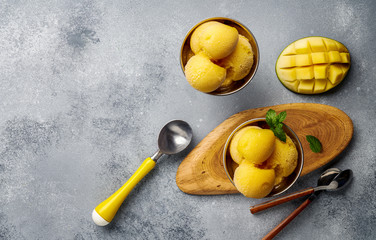 Aufkleber - Mango ice cream on gray concrete background. Copy space. Top view of mango slices and ice cream in bowl.
