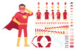 Male super hero in classic red costume construction set with motion, sound effects. Comic book superpower man best in combat and battle, successful leader. Cartoon flat style infographic illustration