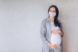© Алина Троева - Sad pregnant woman wearing medical face masks due to illness, dizziness against infectious diseases and flu. Healthy pregnancy concept. Pregnancy And Infection. Copy space mock up. White background