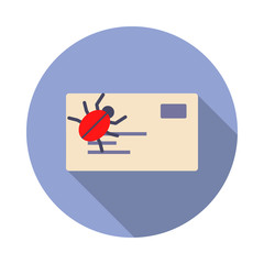 Poster - bug in mail long shadow icon. Simple color vector of virus and antivirus icons for ui and ux, website or mobile application