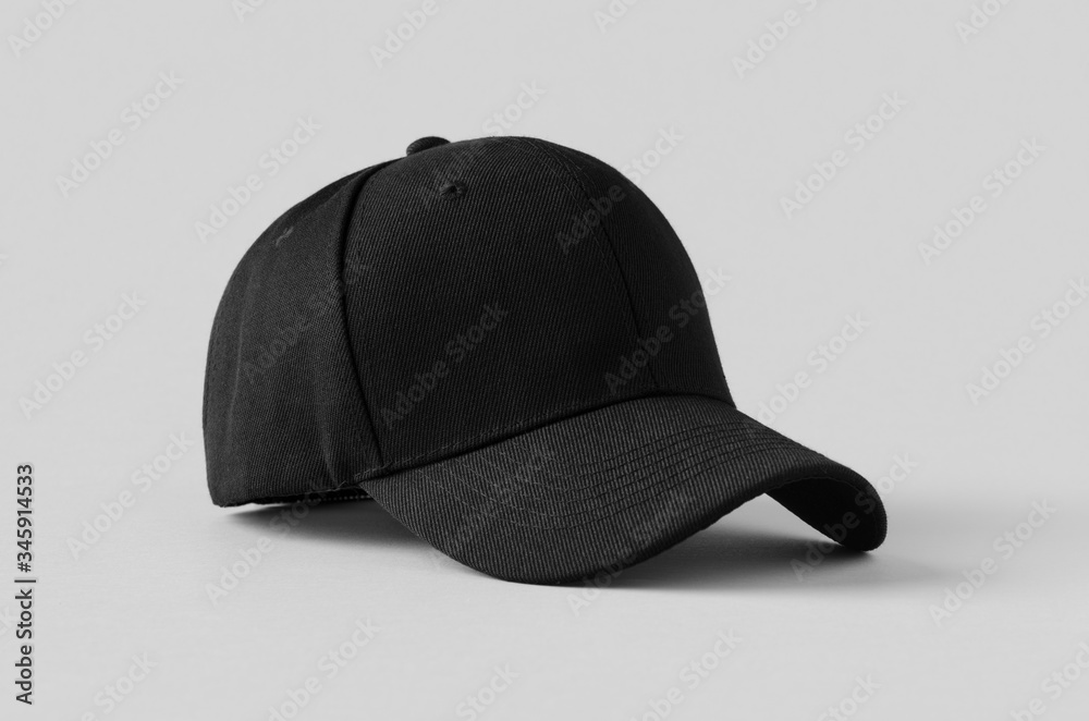 Black baseball cap mockup on a grey background. - obrazy, fototapety, plakaty 