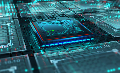 Poster - Futuristic circuit board. CPU 3D illustration. Motherboard digital chip. Hi-Tech science background. Artificial Intelligence and Quantum Technology