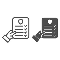 Poster - Hand holding approved checklist line and solid icon, delivery and logistic symbol, courier report document vector sign on white background, safety list in hand icon outline style. Vector graphics.