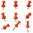 Set of realistic push pins in red color. Thumbtacks