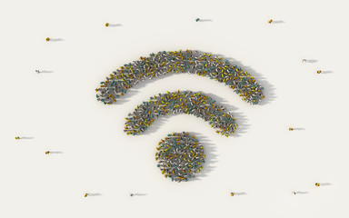 Wall Mural - Large group of people forming internet wifi or wireless symbol in social media and community concept on white background. 3d sign of crowd illustration from above gathered together