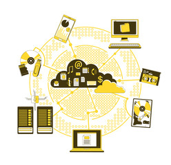 Poster - Storage media thin line concept vector illustration. Memory devices and internet database 2D cartoon composition for web design. Modern cloud technology. Unified information storage creative idea