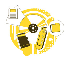 Poster - Data storage devices thin line concept vector illustration. Optical disc, flash drive, memory card 2D cartoon composition for web design. Computer accessories. Information storing tech creative idea