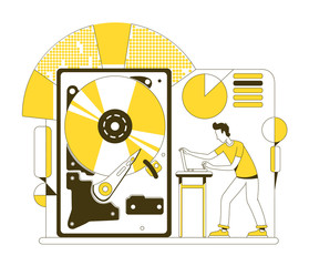 Poster - HDD thin line concept vector illustration. User with laptop 2D cartoon character for web design. Hard drive disk, computer hardware, memory device. Data storage equipment creative idea