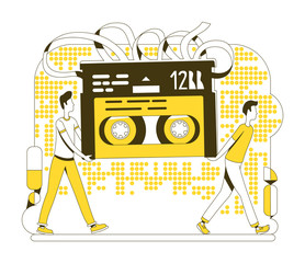 Poster - Audio cassette thin line concept vector illustration. People carrying magnetic tape 2D cartoon characters for web design. Old fashioned data storage device, vintage technology creative idea