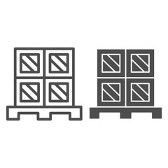 Poster - Cargo boxes pallet line and solid icon, warehouse and logistics symbol, Cardboard boxes on wooden pallet vector sign on white background, carton delivery packaging icon outline style. Vector graphics.