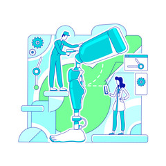 Poster - Prosthetics laboratory thin line concept vector illustration. Science doctor and engineer 2D cartoon characters for web design. Lab workers testing artificial leg. Robotics, bionics creative idea