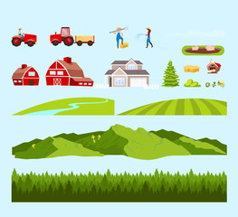 Poster - Village workers and fields cartoon vector objects set. Farm constructor. Gardeners and rural machinery flat color illustrations collection. Mountains, forest isolated pack on white background