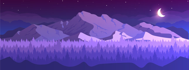 Poster - Mountains at night flat color vector illustration. Coniferous forest. Wild peaceful nature. Fir trees and hills on horizon 2D cartoon landscape with crescent moon and starry sky on background
