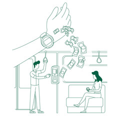 Poster - E-payment, electronic ticket buying thin line concept vector illustration. People in public transport, passengers with e-tickets 2D cartoon characters for web design. Smart watch creative idea