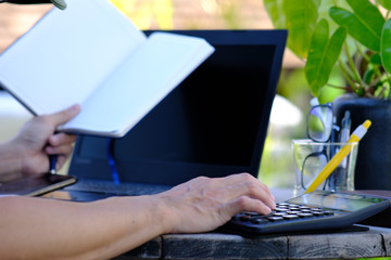 Poster - businessman using a laptop computer working in home and Online shopping, freelance, online learning, worked at home office concept