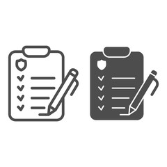 Poster - Sign checklist with pen line and solid icon, delivery logistic service symbol, courier report vector sign on white background, document with brand emblem and pen icon outline style. Vector graphics.